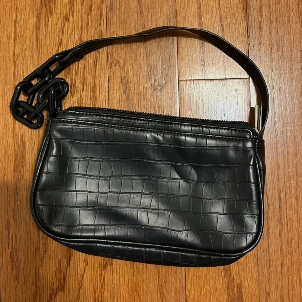 Black Croc Embossed Shoulder Bag Trendy Baguette Purse